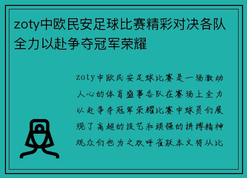zoty中欧民安足球比赛精彩对决各队全力以赴争夺冠军荣耀