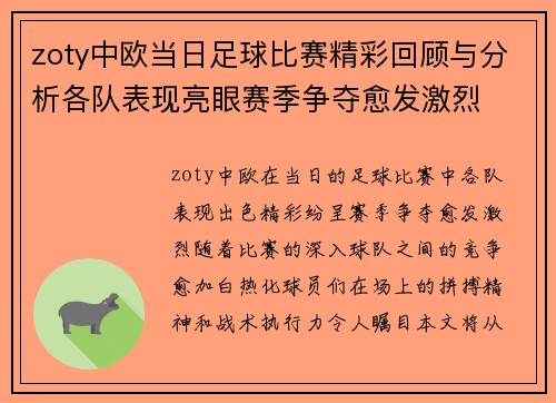 zoty中欧当日足球比赛精彩回顾与分析各队表现亮眼赛季争夺愈发激烈