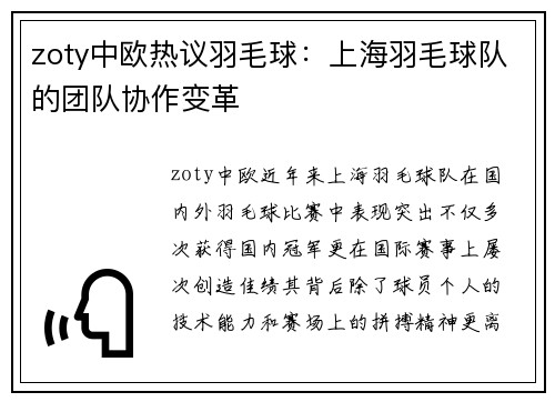 zoty中欧热议羽毛球：上海羽毛球队的团队协作变革