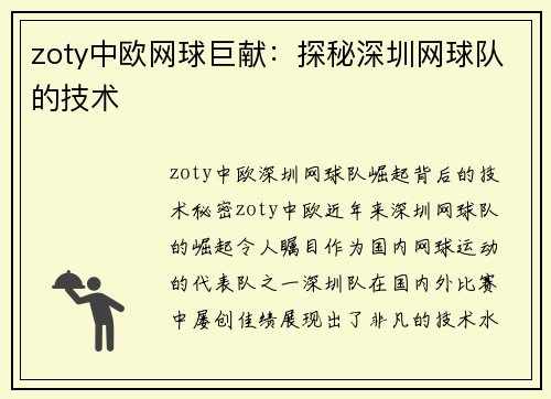 zoty中欧网球巨献：探秘深圳网球队的技术