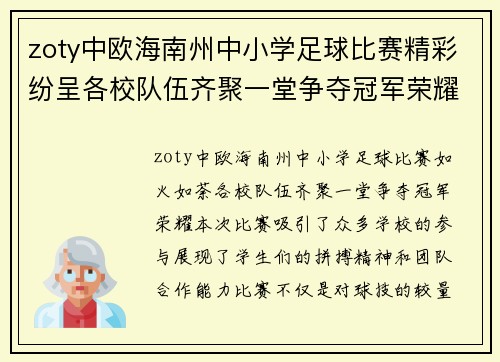 zoty中欧海南州中小学足球比赛精彩纷呈各校队伍齐聚一堂争夺冠军荣耀