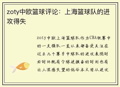 zoty中欧篮球评论：上海篮球队的进攻得失