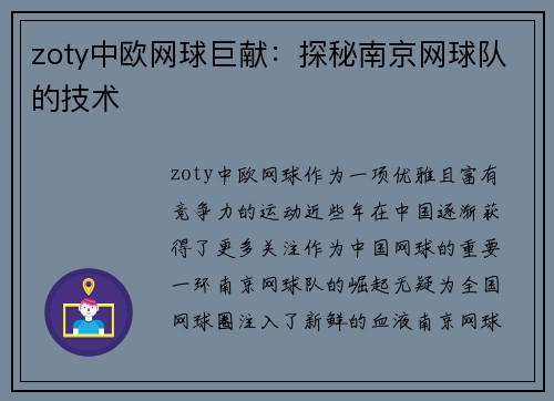 zoty中欧网球巨献：探秘南京网球队的技术