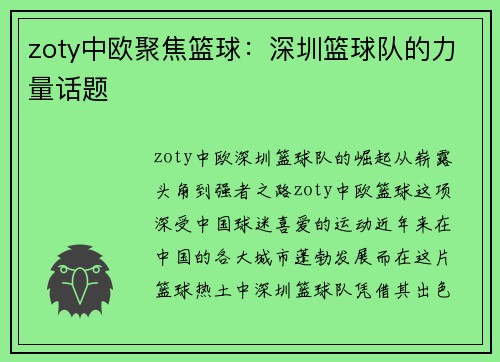 zoty中欧聚焦篮球：深圳篮球队的力量话题