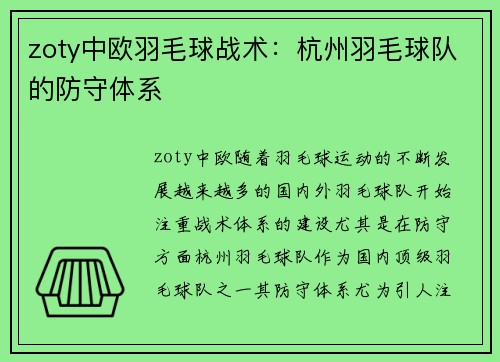 zoty中欧羽毛球战术：杭州羽毛球队的防守体系