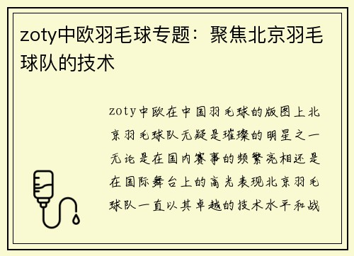 zoty中欧羽毛球专题：聚焦北京羽毛球队的技术
