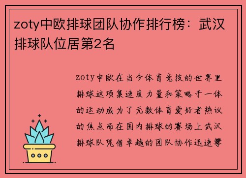 zoty中欧排球团队协作排行榜：武汉排球队位居第2名