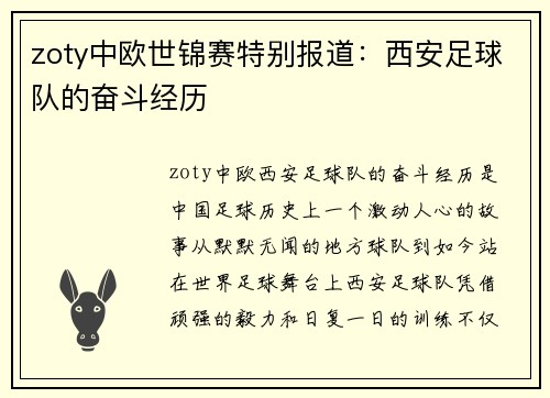 zoty中欧世锦赛特别报道：西安足球队的奋斗经历